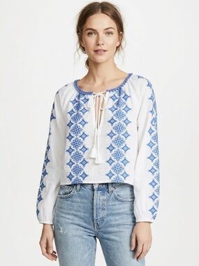 Topshop Blue Embroidered White Cotton Cropped Ethnic style Blouse SIze US 6